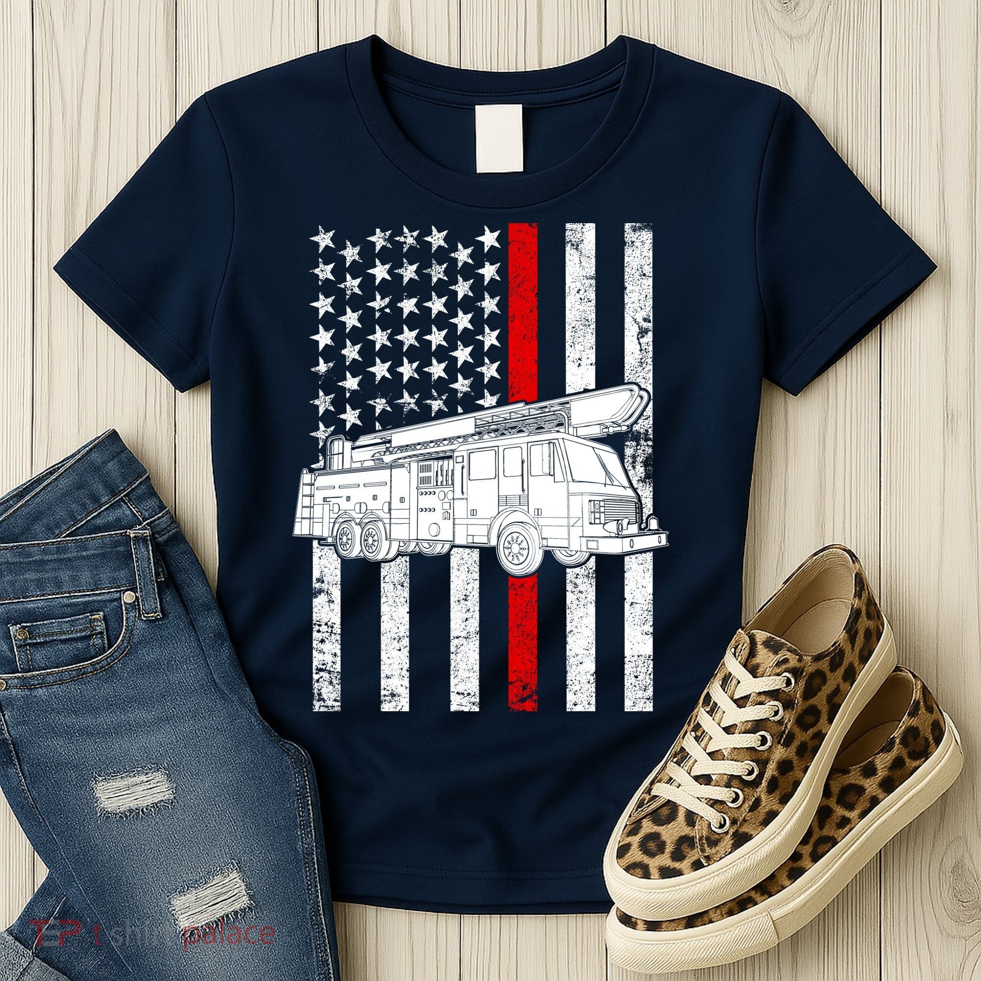 Fire Truck American Firefighter Thin Red Line Flag Women's T-Shirt