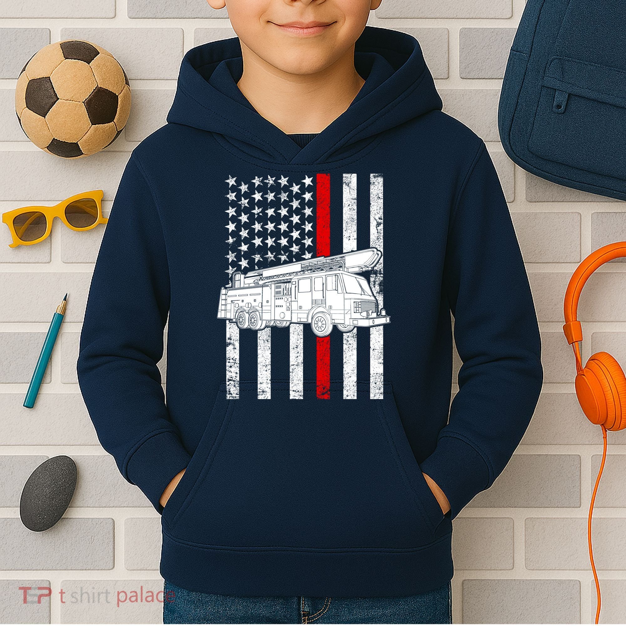 Fire Truck American Firefighter Thin Red Line Flag Kids Hoodie