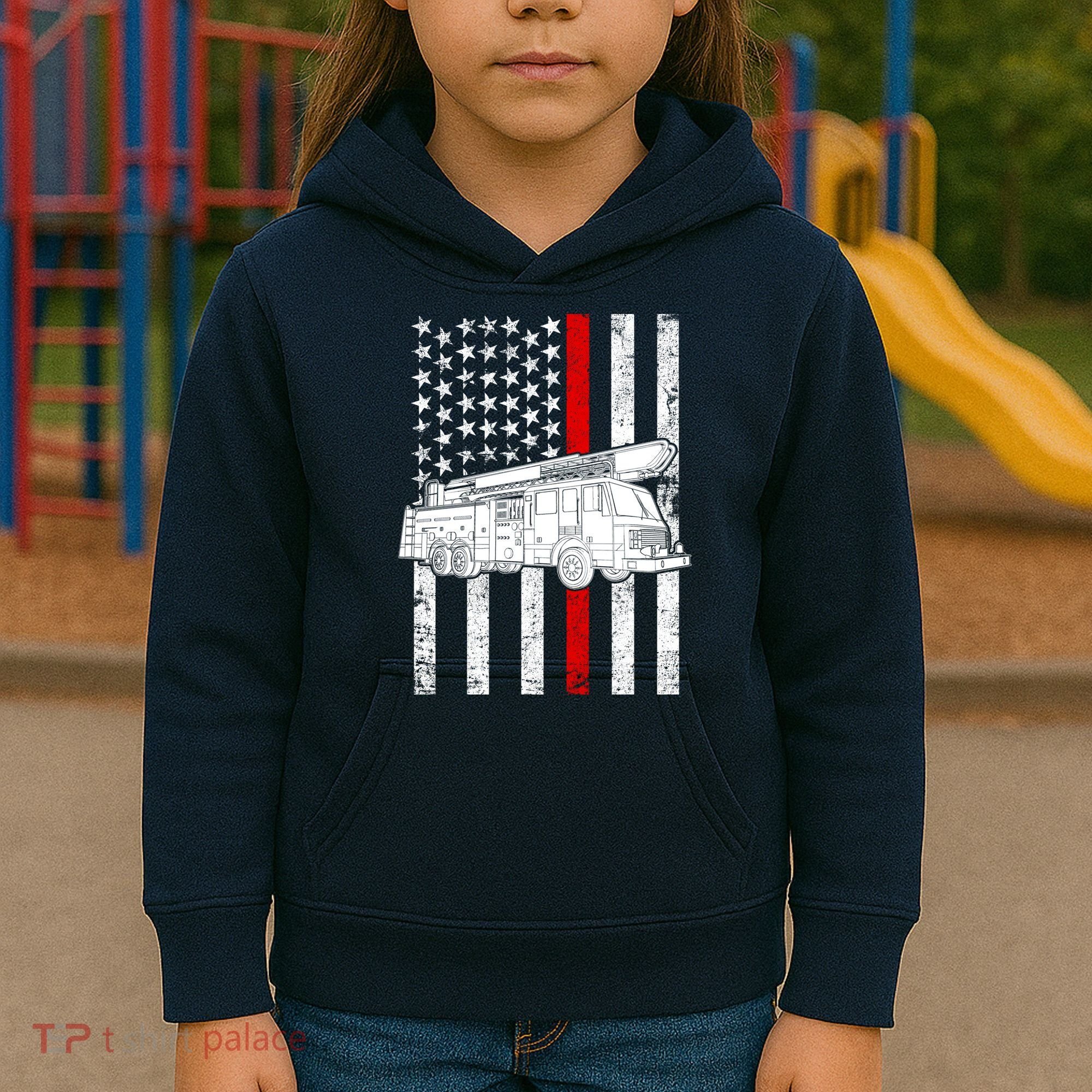Fire Truck American Firefighter Thin Red Line Flag Kids Hoodie