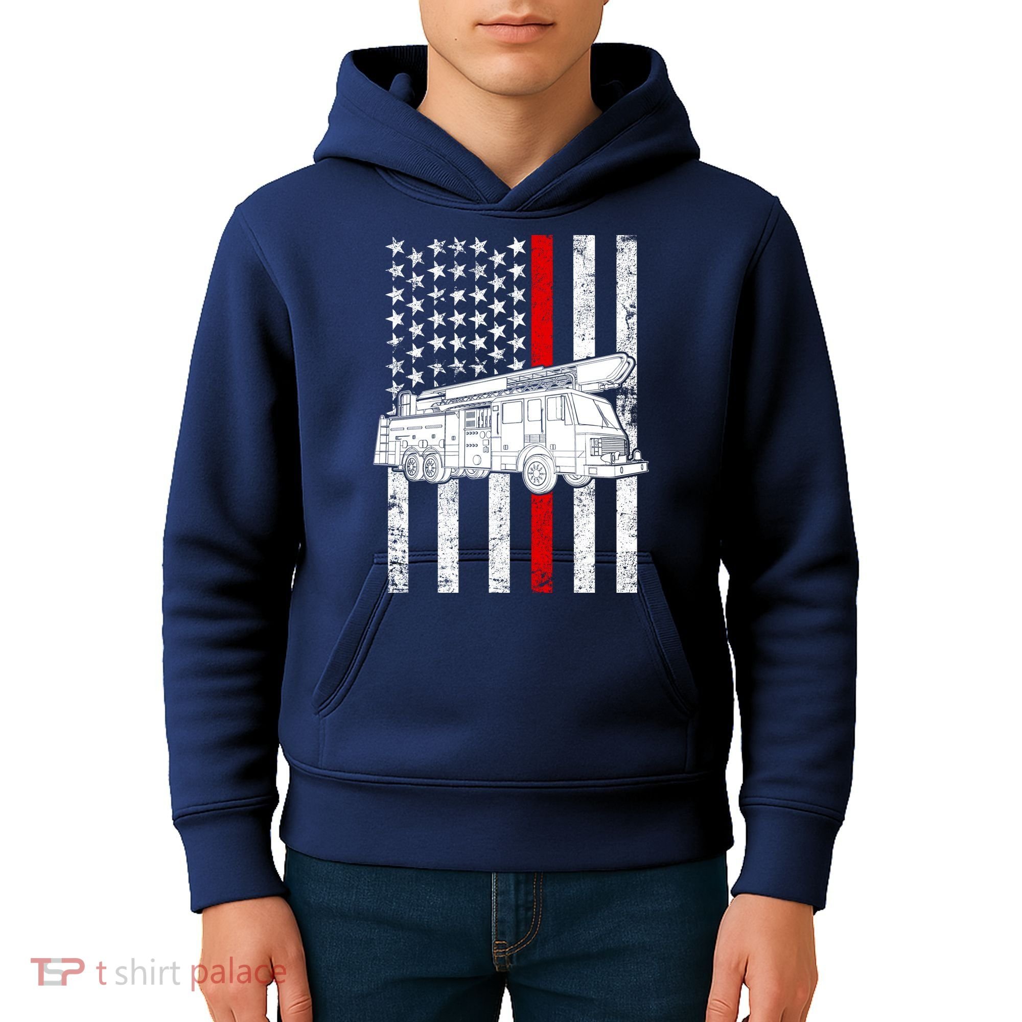 Fire Truck American Firefighter Thin Red Line Flag Kids Hoodie