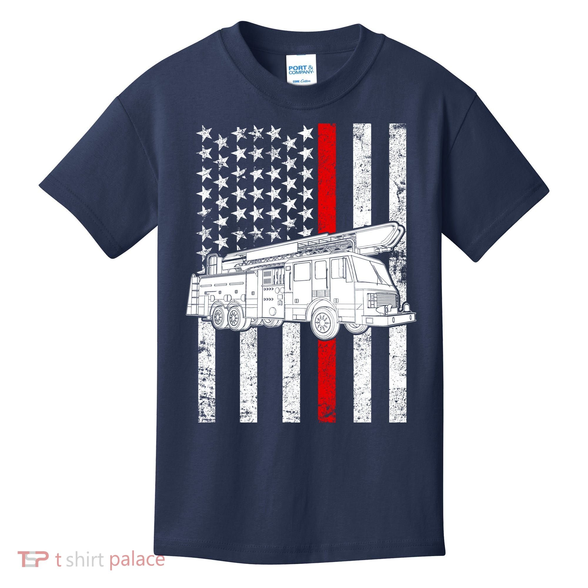 Fire Truck American Firefighter Thin Red Line Flag Kids T-Shirt