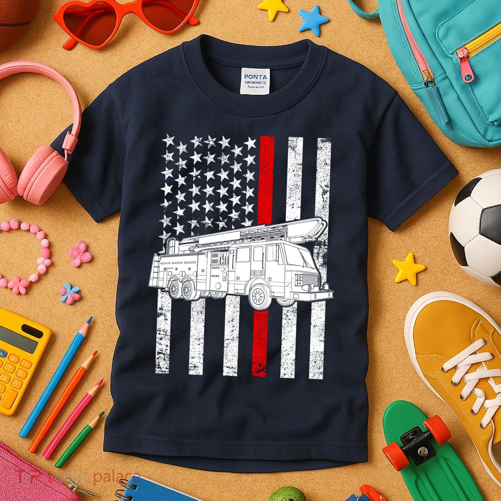 Fire Truck American Firefighter Thin Red Line Flag Kids T-Shirt