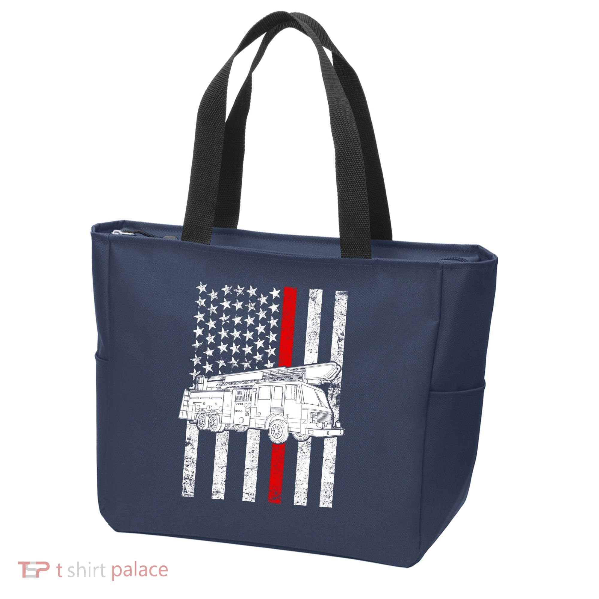 Fire Truck American Firefighter Thin Red Line Flag Tote Bag