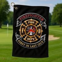 Firefighter Biker Logo First In Last Out Golf Towel thumb 1