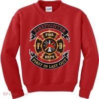 Firefighter Biker Logo First In Last Out Kids Sweatshirt thumb 0