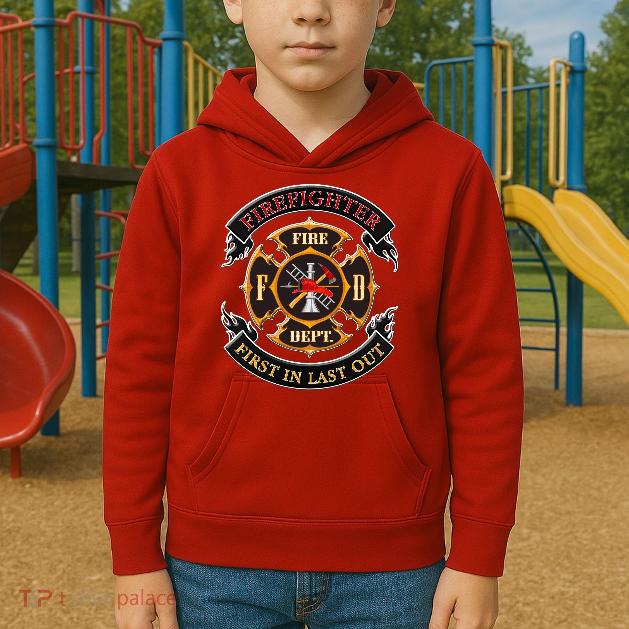 Firefighter Biker Logo First In Last Out Kids Hoodie