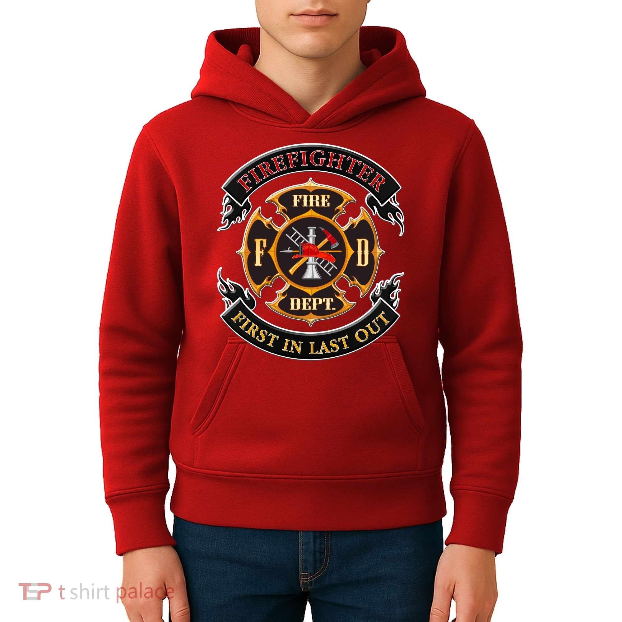 Firefighter Biker Logo First In Last Out Kids Hoodie