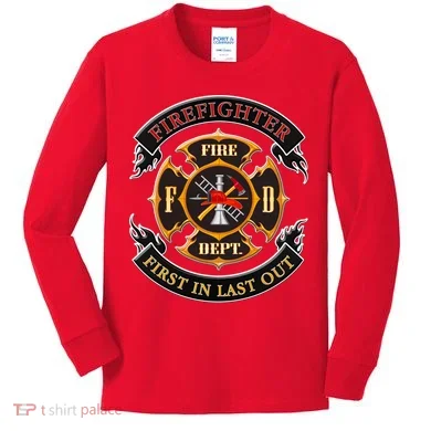 Firefighter Biker Logo First In Last Out Kids Long Sleeve Shirt