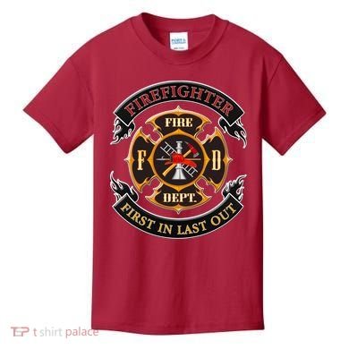 Firefighter Biker Logo First In Last Out Kids T-Shirt