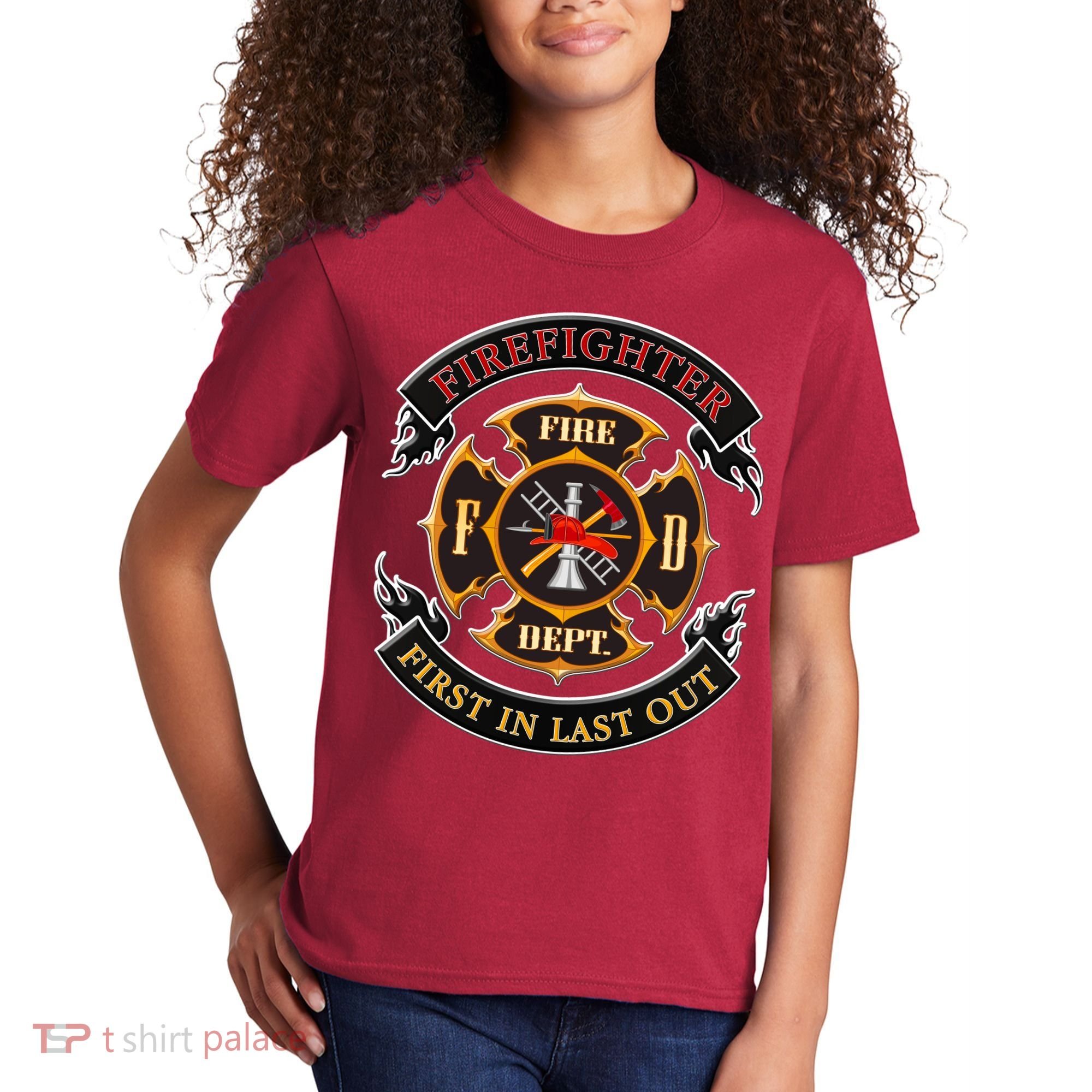 Firefighter Biker Logo First In Last Out Kids T-Shirt