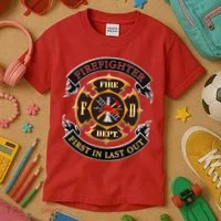 Firefighter Biker Logo First In Last Out Kids T-Shirt thumb 3