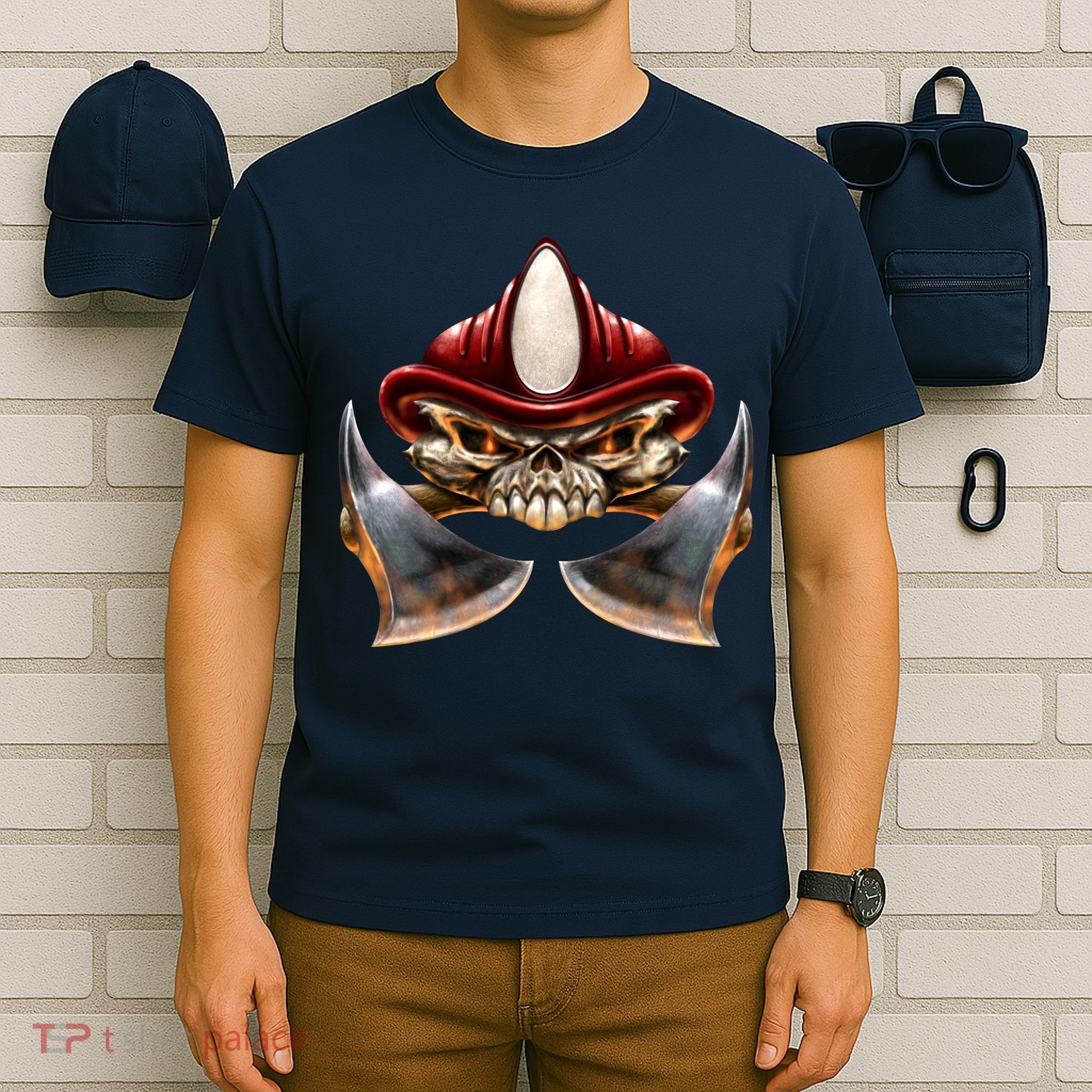 Firefighter Fire Skull Axe T-Shirt