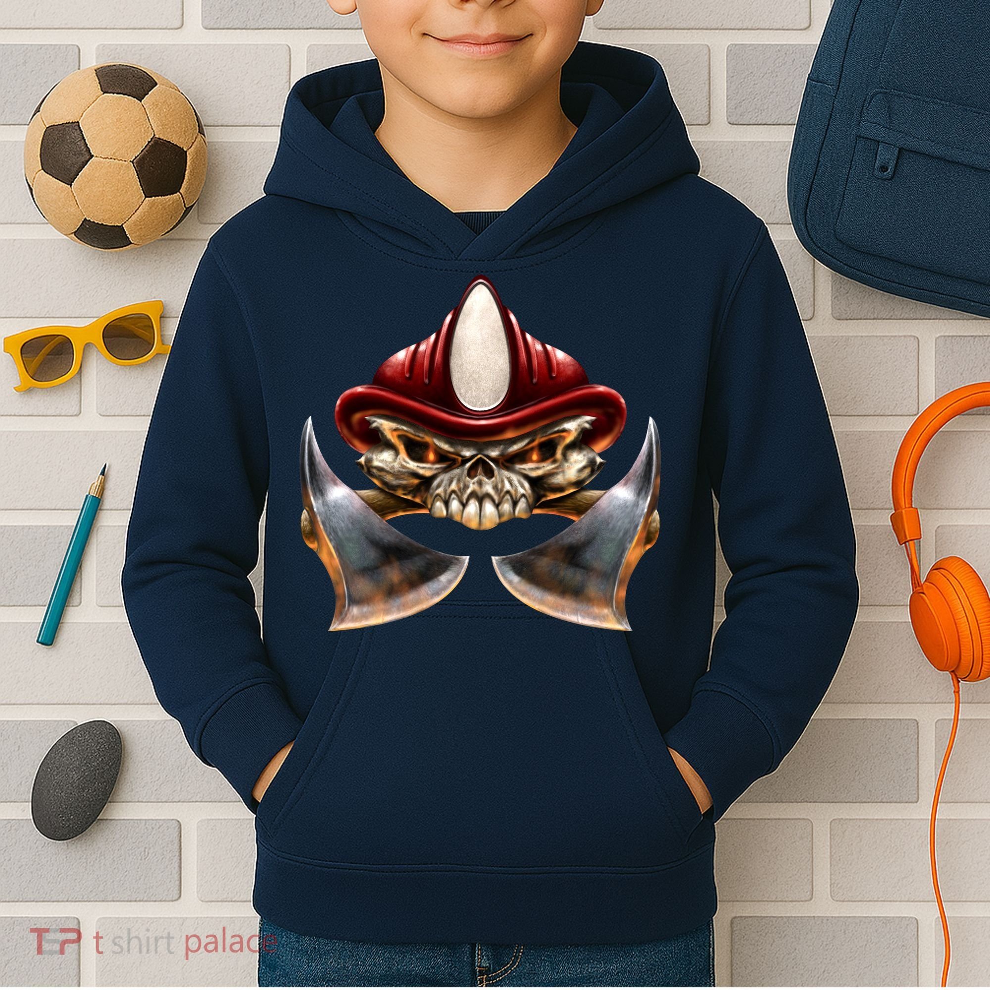 Firefighter Fire Skull Axe Kids Hoodie