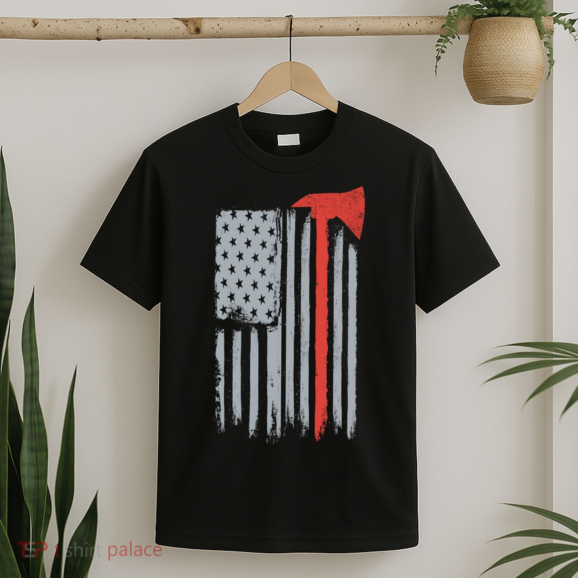 Firefighter Red Axe Vintage American Flag T-Shirt