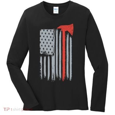 Firefighter Red Axe Vintage American Flag Women's Long Sleeve Shirt