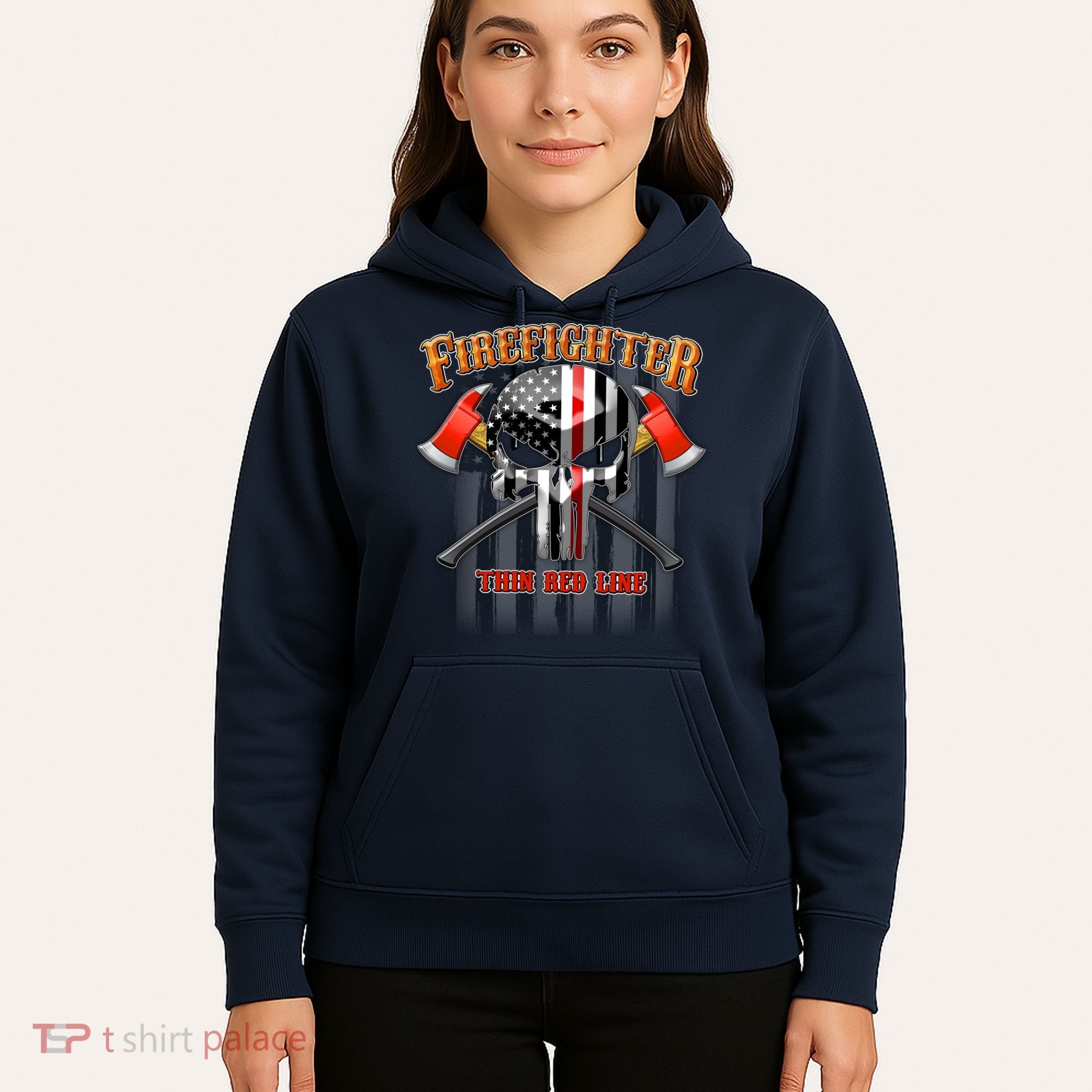 Firefighter Thin Red Line Flag Skull Hoodie