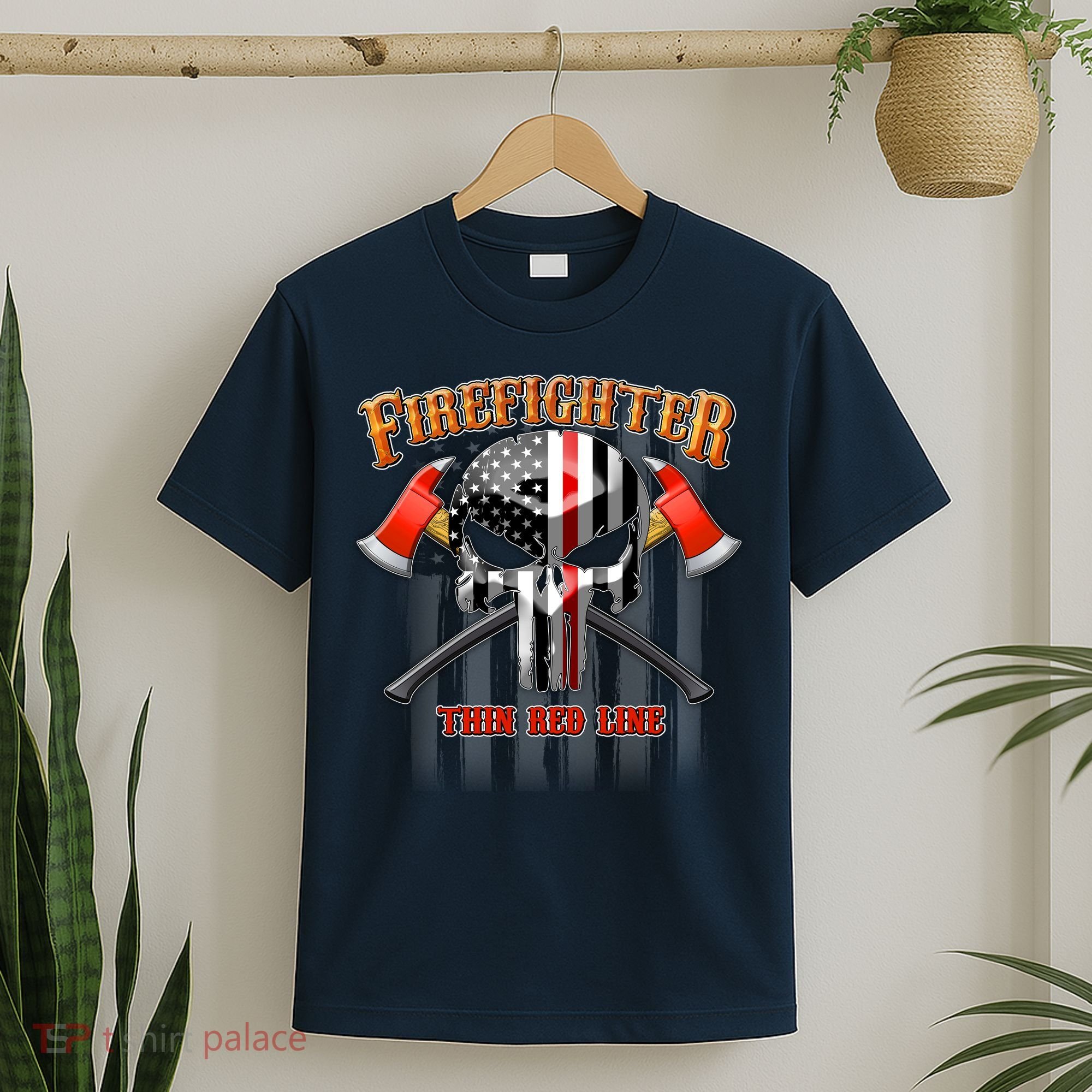 Firefighter Thin Red Line Flag Skull T-Shirt