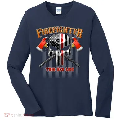Firefighter Thin Red Line Flag Skull Women's Long Sleeve Shirt