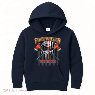 Firefighter Thin Red Line Flag Skull Kids Hoodie