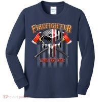 Firefighter Thin Red Line Flag Skull Kids Long Sleeve Shirt thumb 0