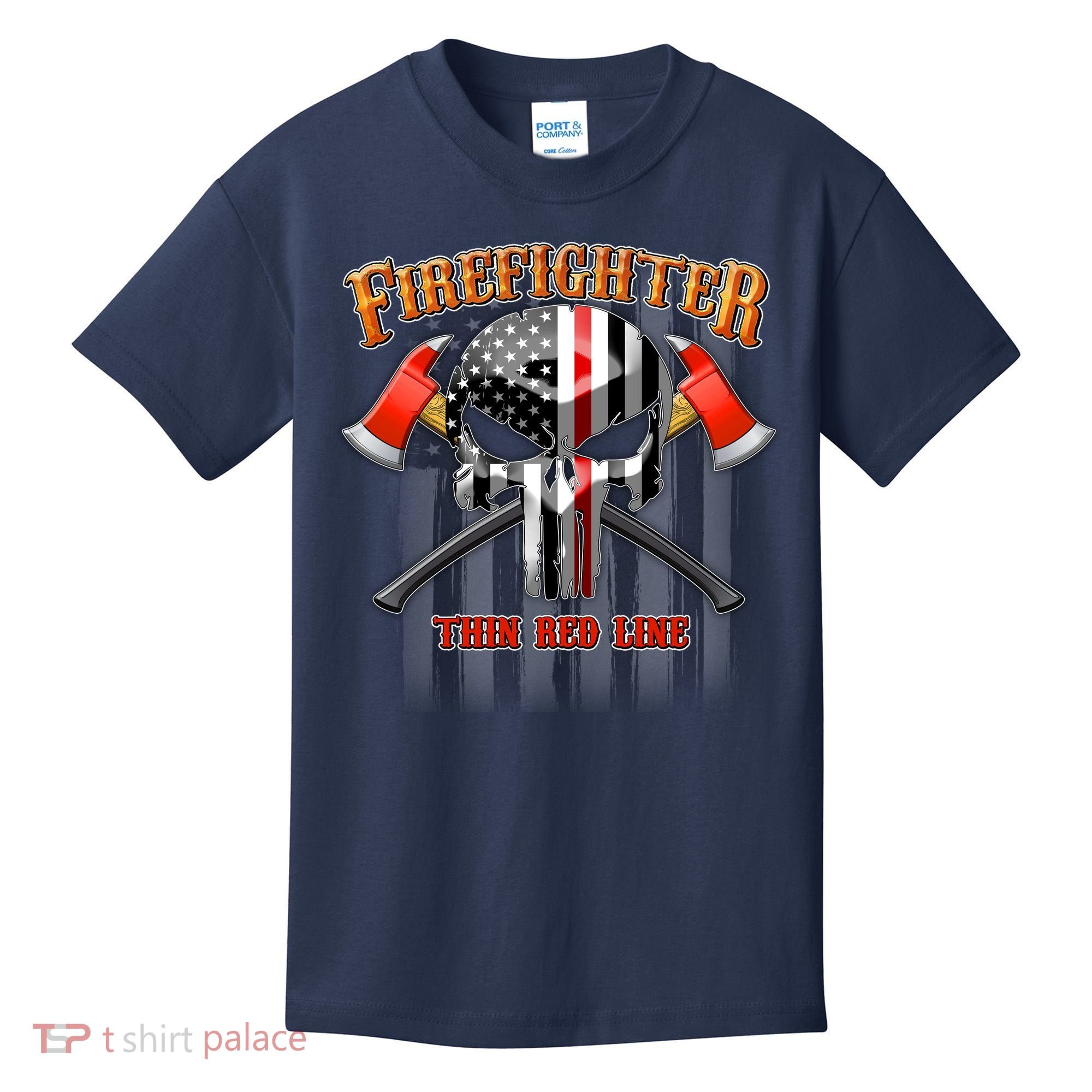 Firefighter Thin Red Line Flag Skull Kids T-Shirt