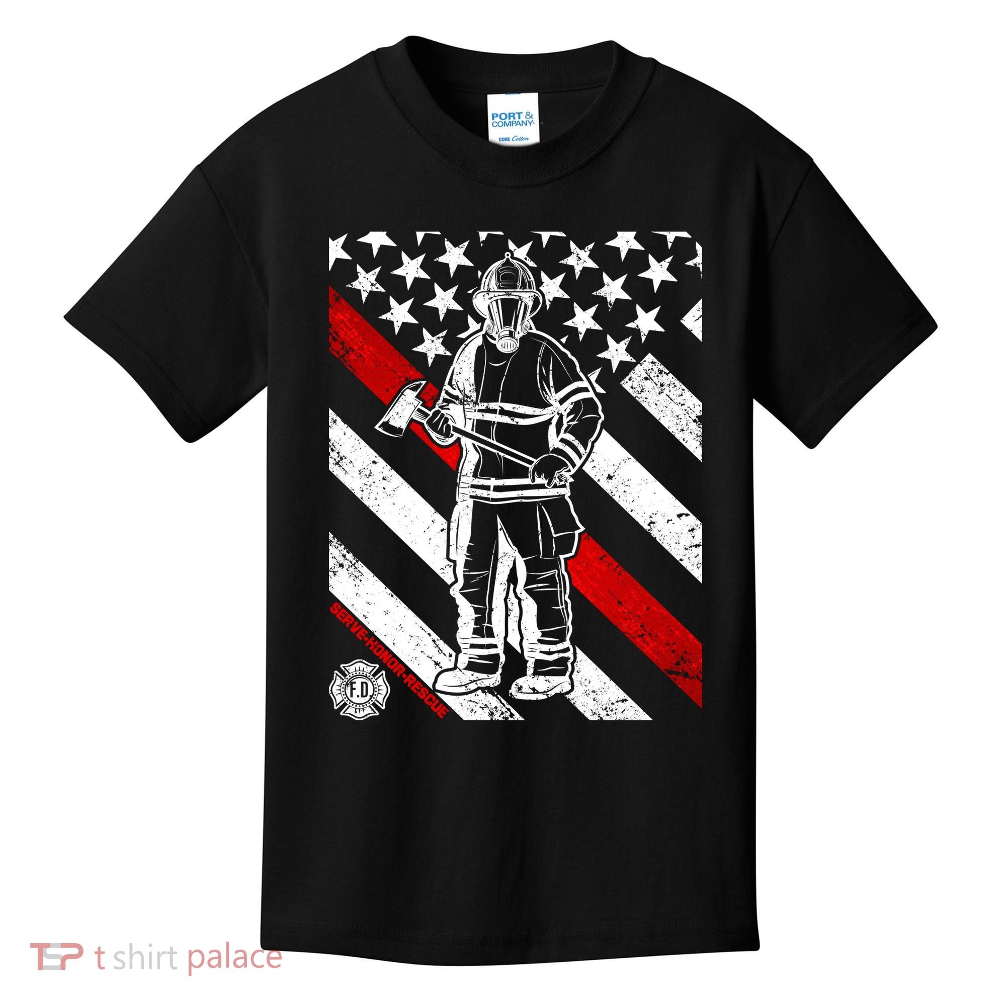 Firefighter Thin Red Line Serve Honor Rescue Kids T-Shirt