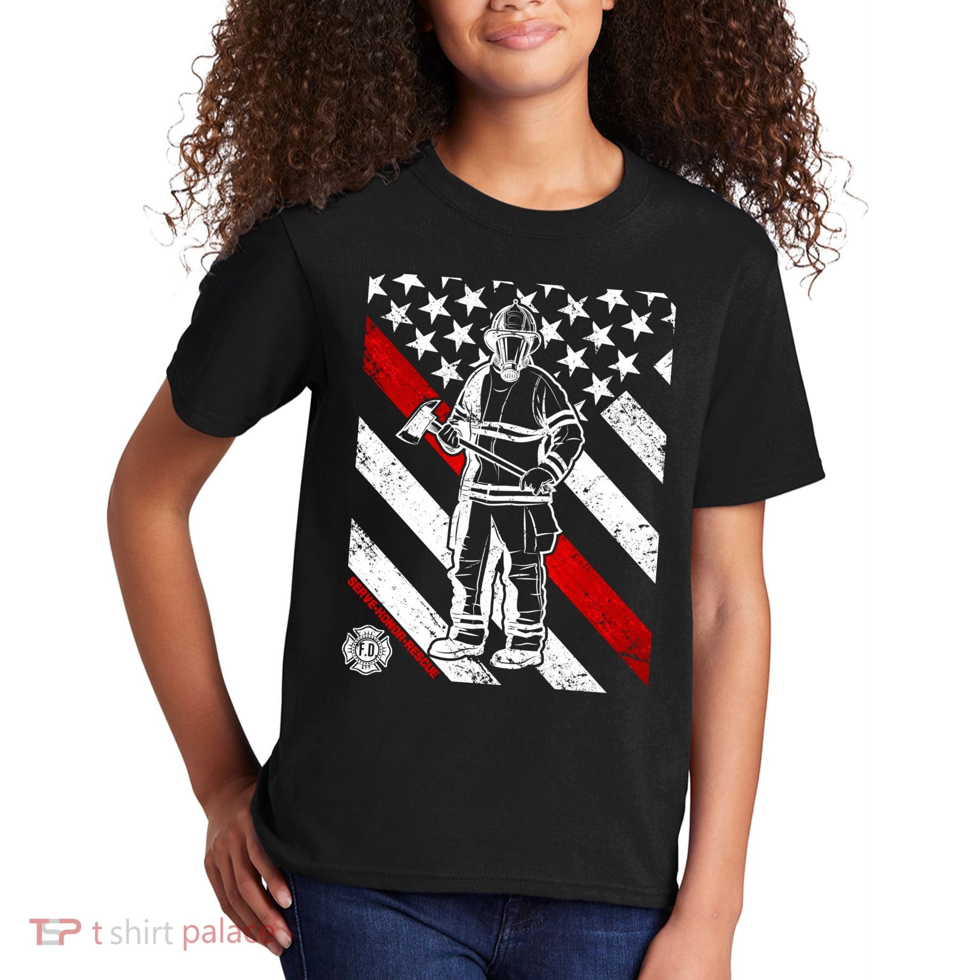 Firefighter Thin Red Line Serve Honor Rescue Kids T-Shirt