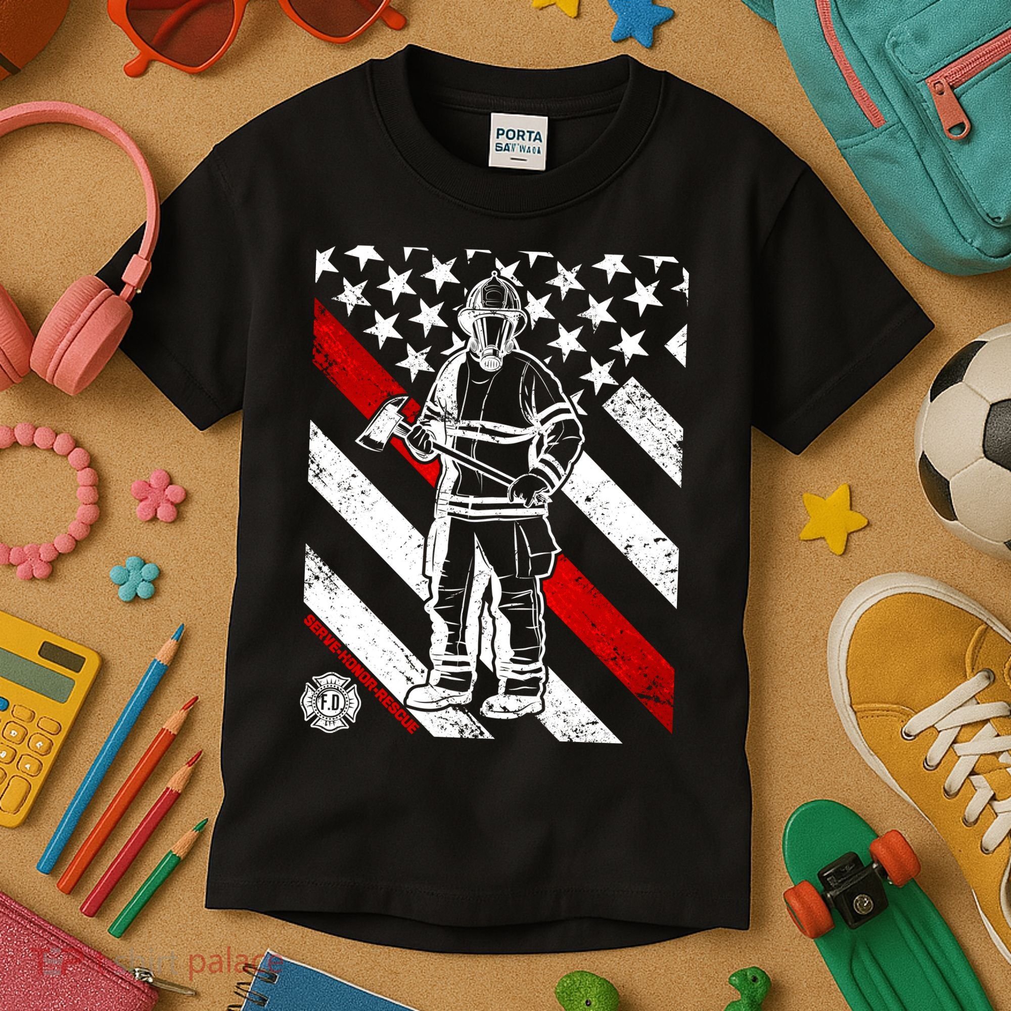 Firefighter Thin Red Line Serve Honor Rescue Kids T-Shirt
