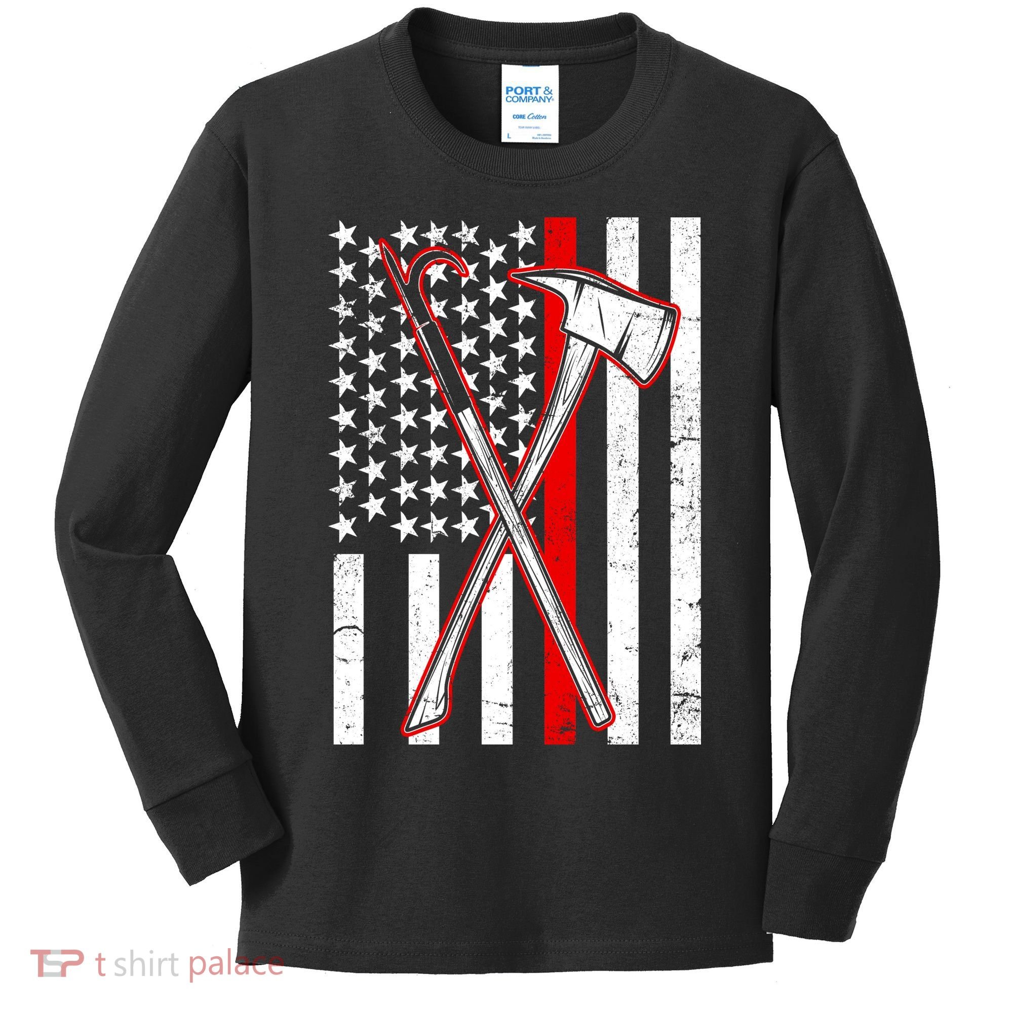 Firefighter US Flag Thin Red Line Kids Long Sleeve Shirt