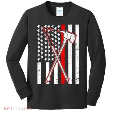 Firefighter US Flag Thin Red Line Kids Long Sleeve Shirt