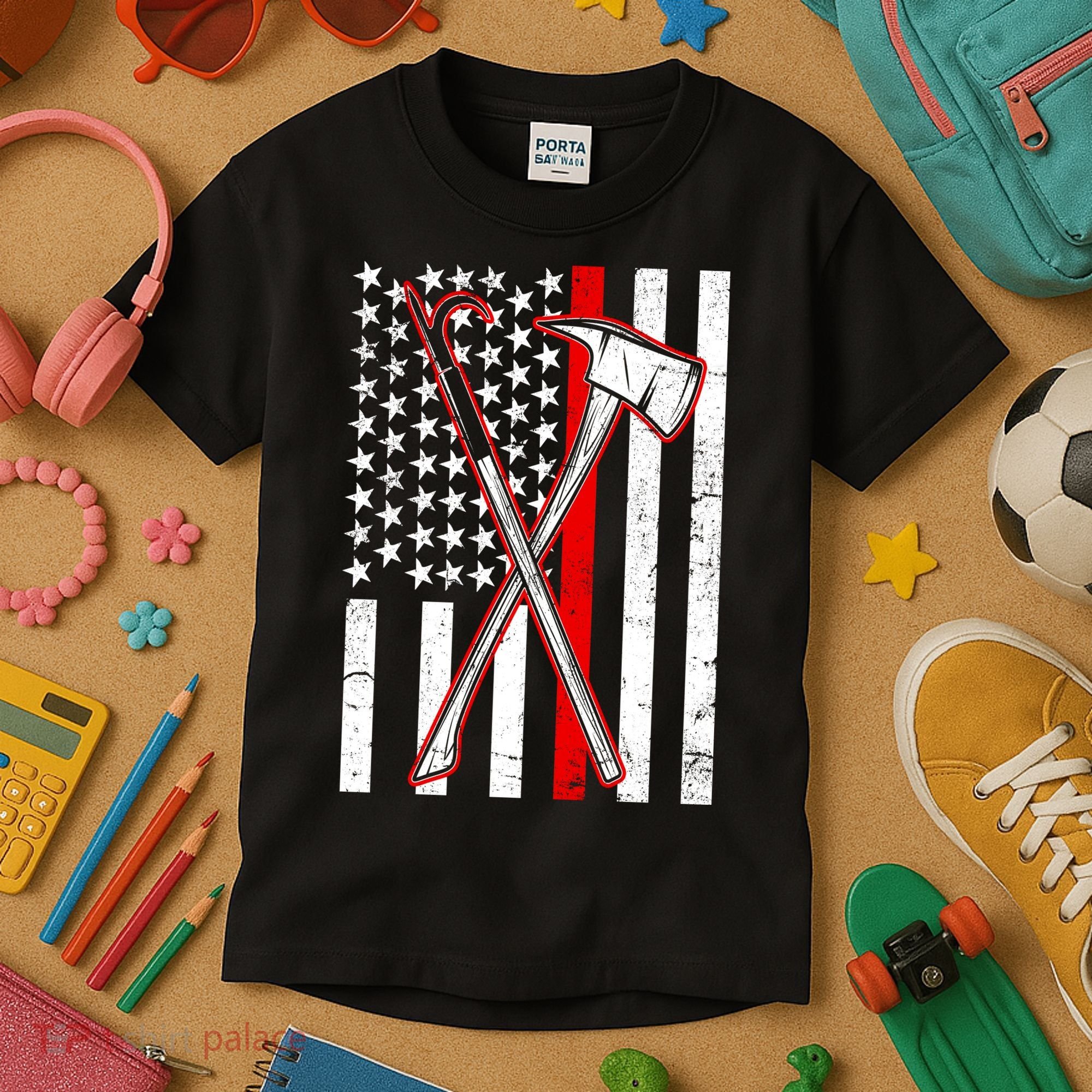 Firefighter US Flag Thin Red Line Kids T-Shirt