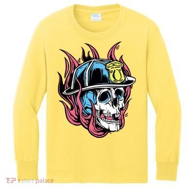 Fireman Skull Flame Kids Long Sleeve Shirt