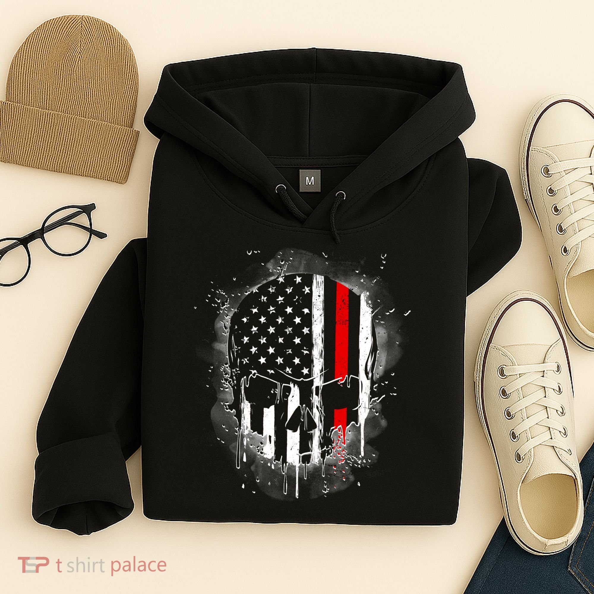 Firemen Red Line Flag Skull Hoodie
