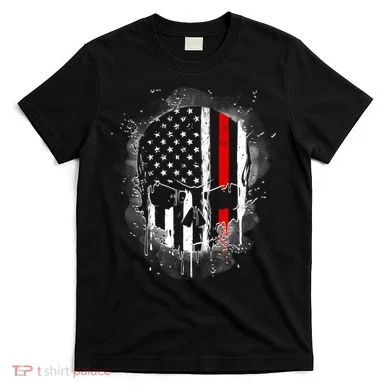 Firemen Red Line Flag Skull T-Shirt