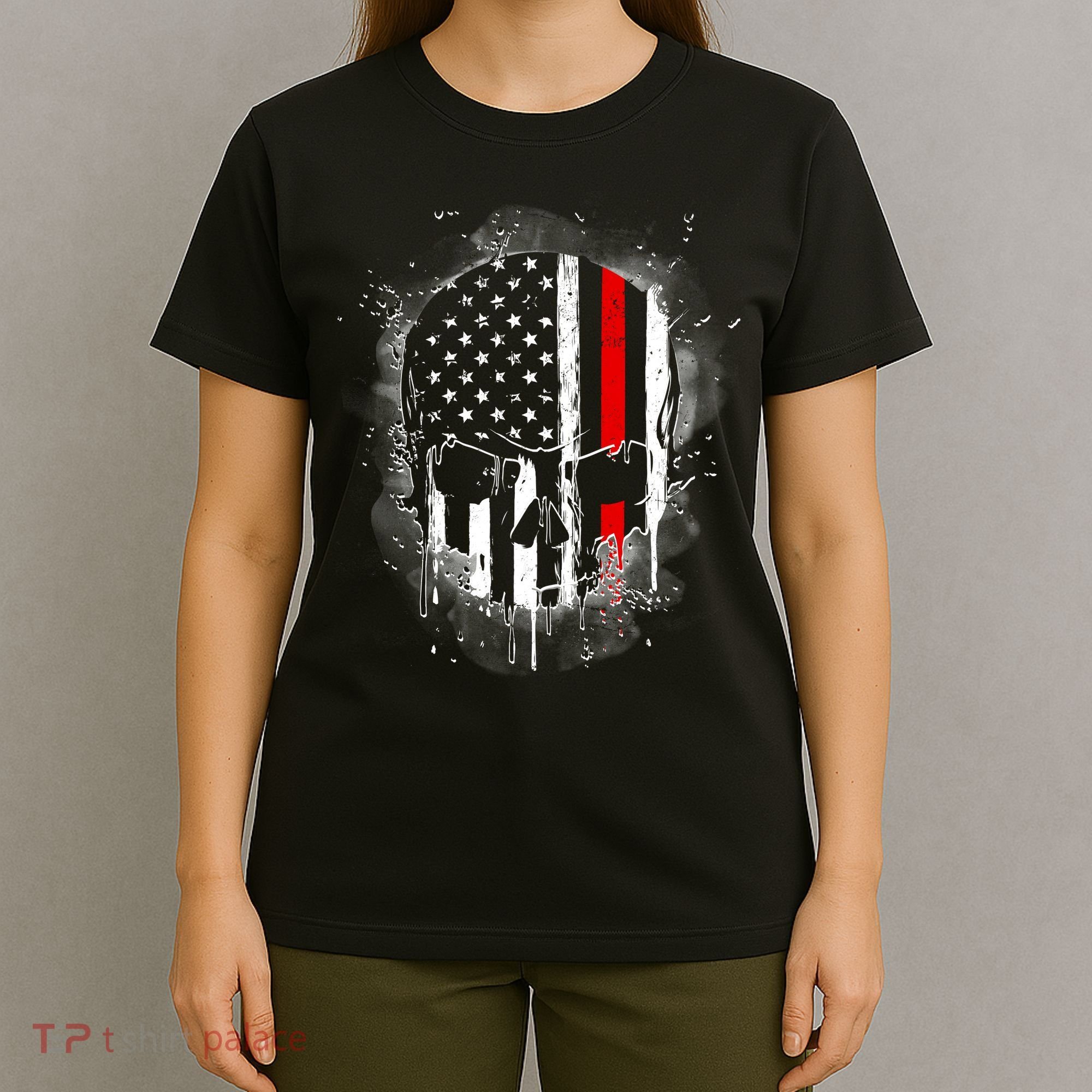 Firemen Red Line Flag Skull T-Shirt