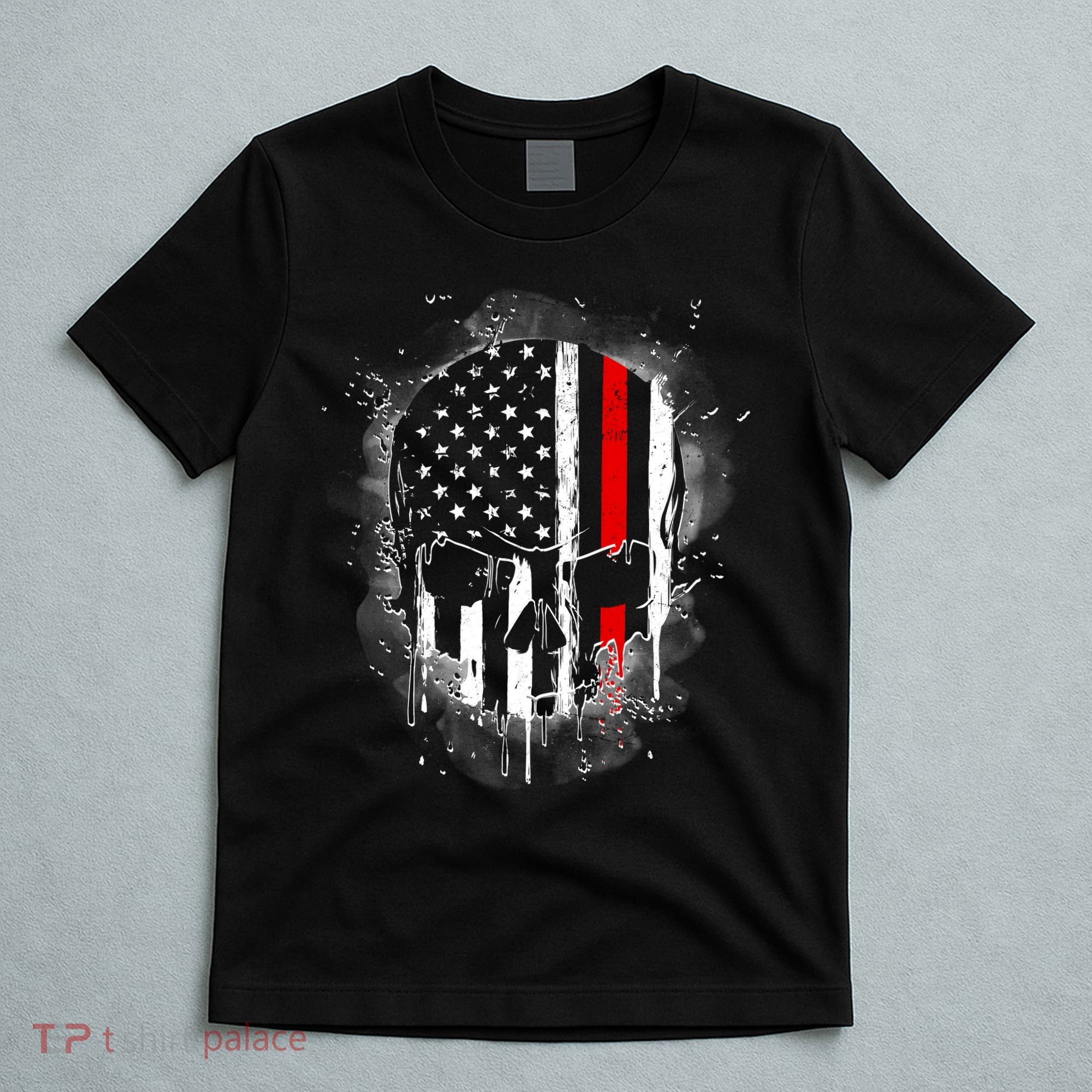Firemen Red Line Flag Skull T-Shirt