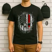 Firemen Red Line Flag Skull T-Shirt thumb 6