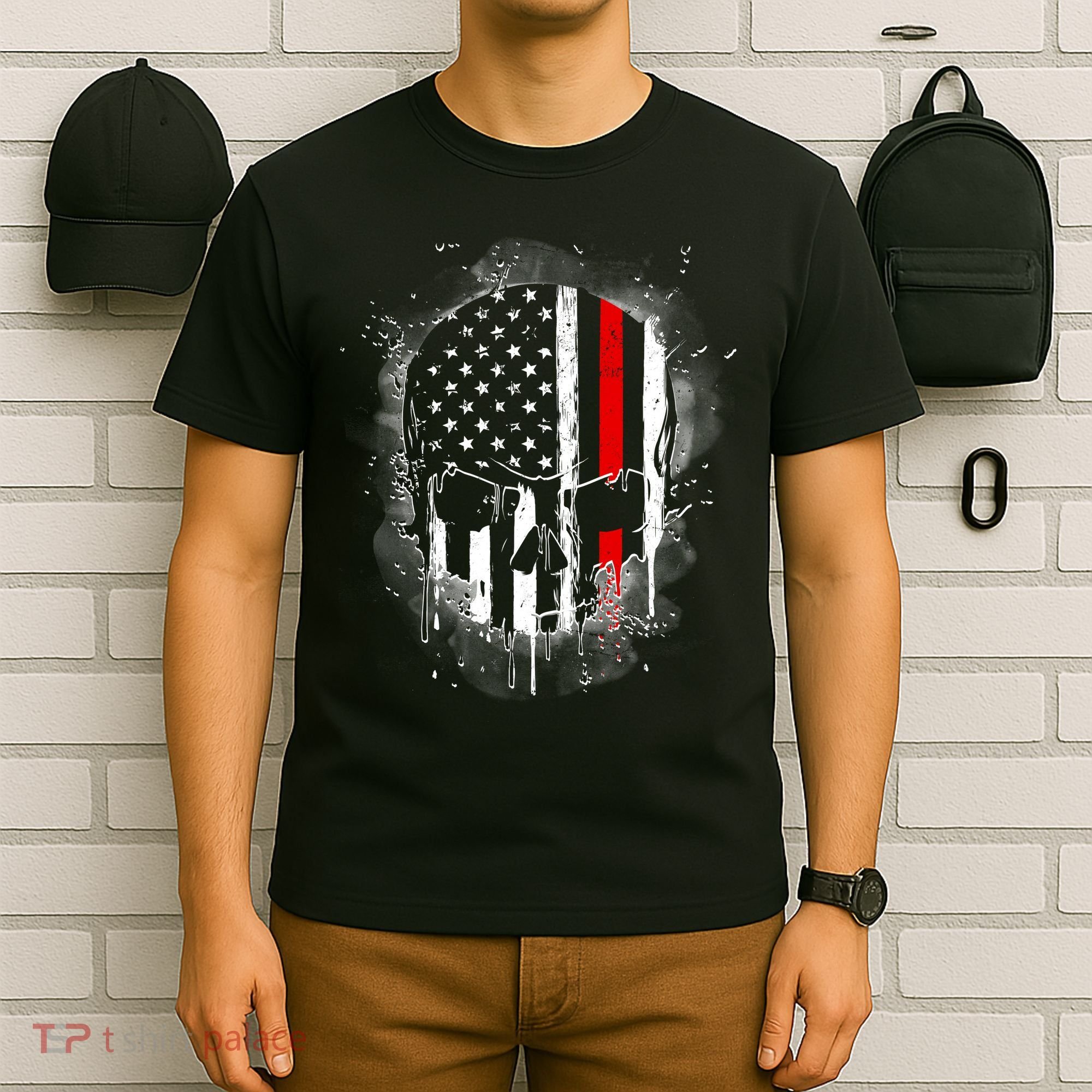 Firemen Red Line Flag Skull T-Shirt