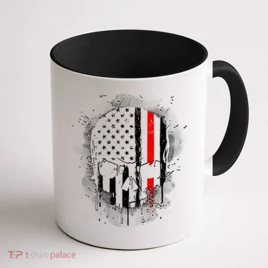 Firemen Red Line Flag Skull Coffee Mug back