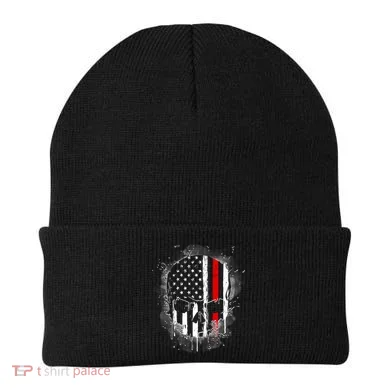 Firemen Red Line Flag Skull Beanie