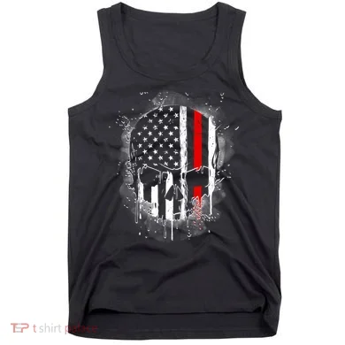 Firemen Red Line Flag Skull Tank Top