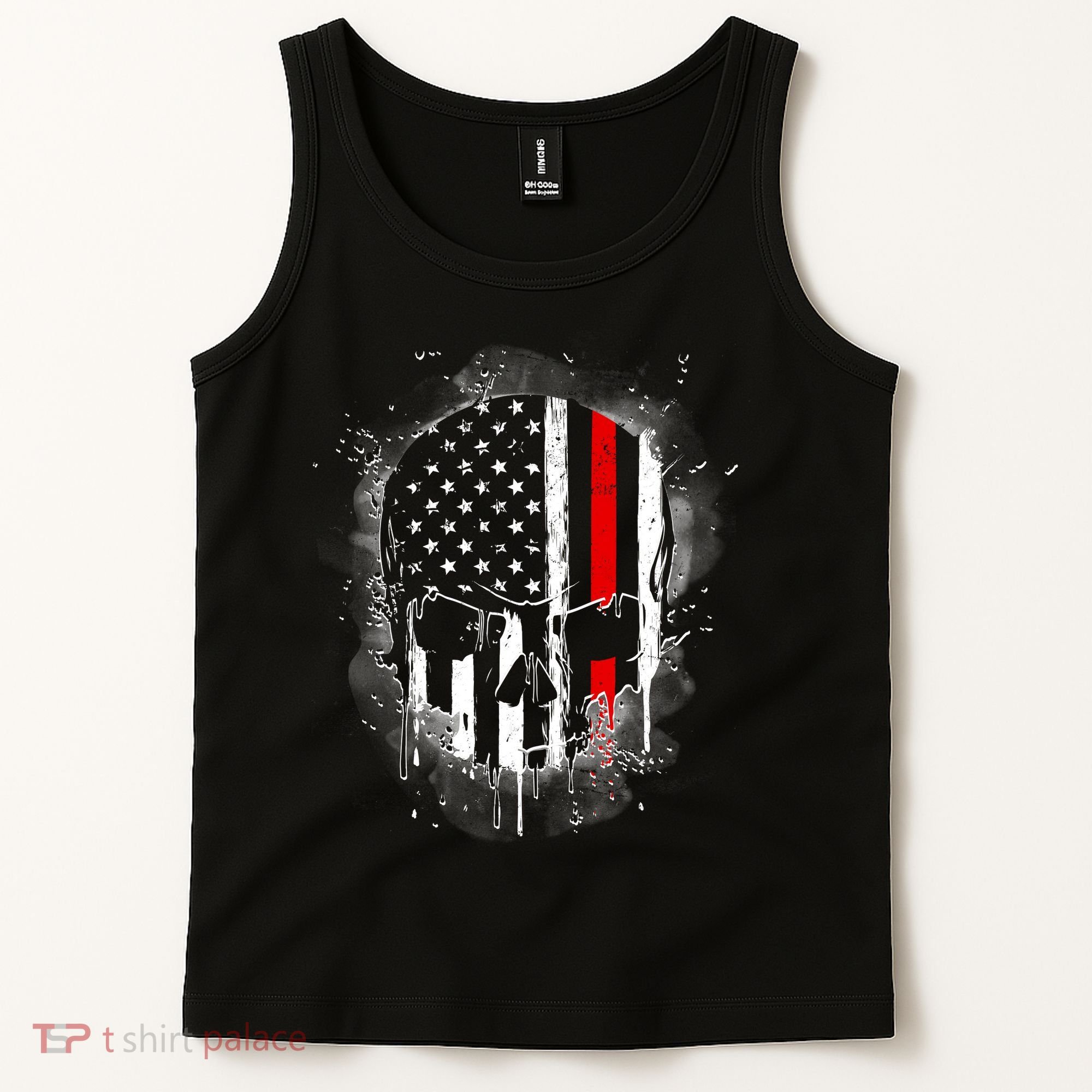 Firemen Red Line Flag Skull Tank Top