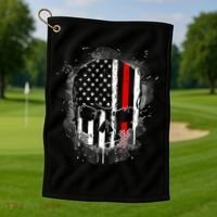 Firemen Red Line Flag Skull Golf Towel thumb 1