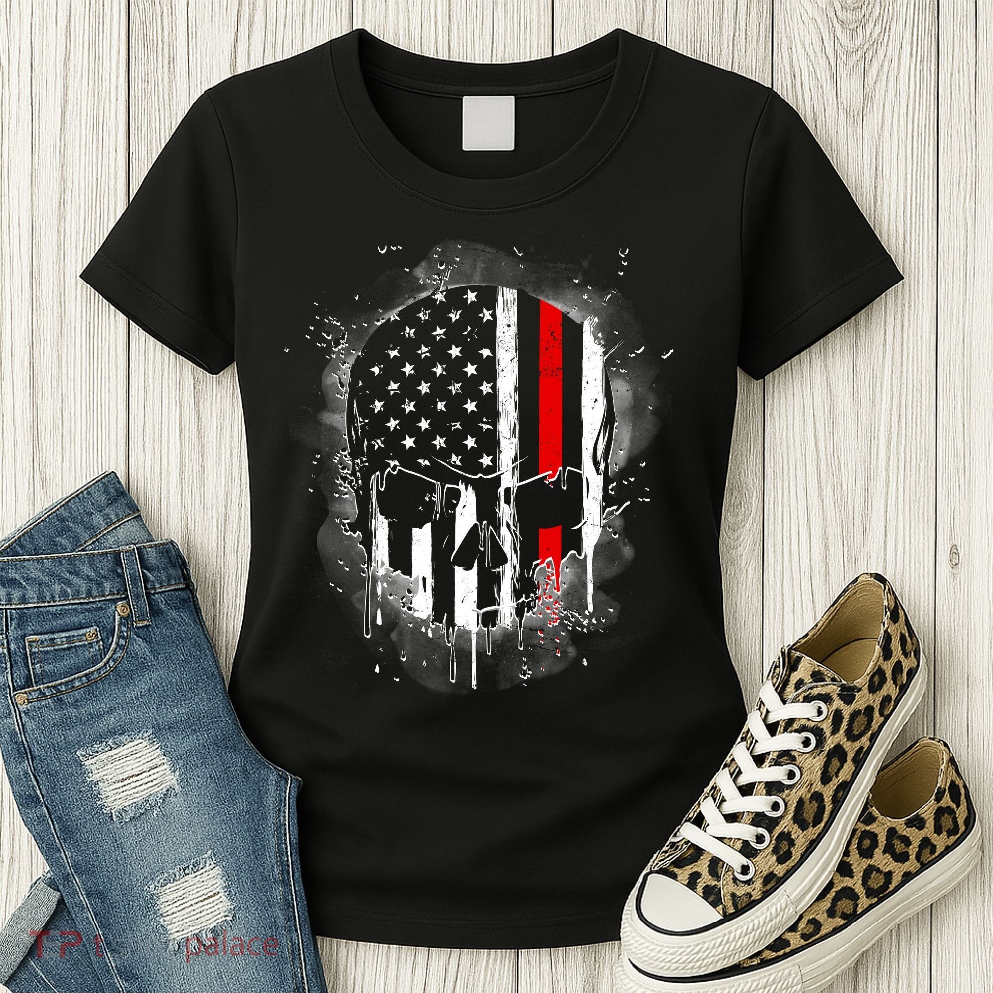 Firemen Red Line Flag Skull Women's T-Shirt