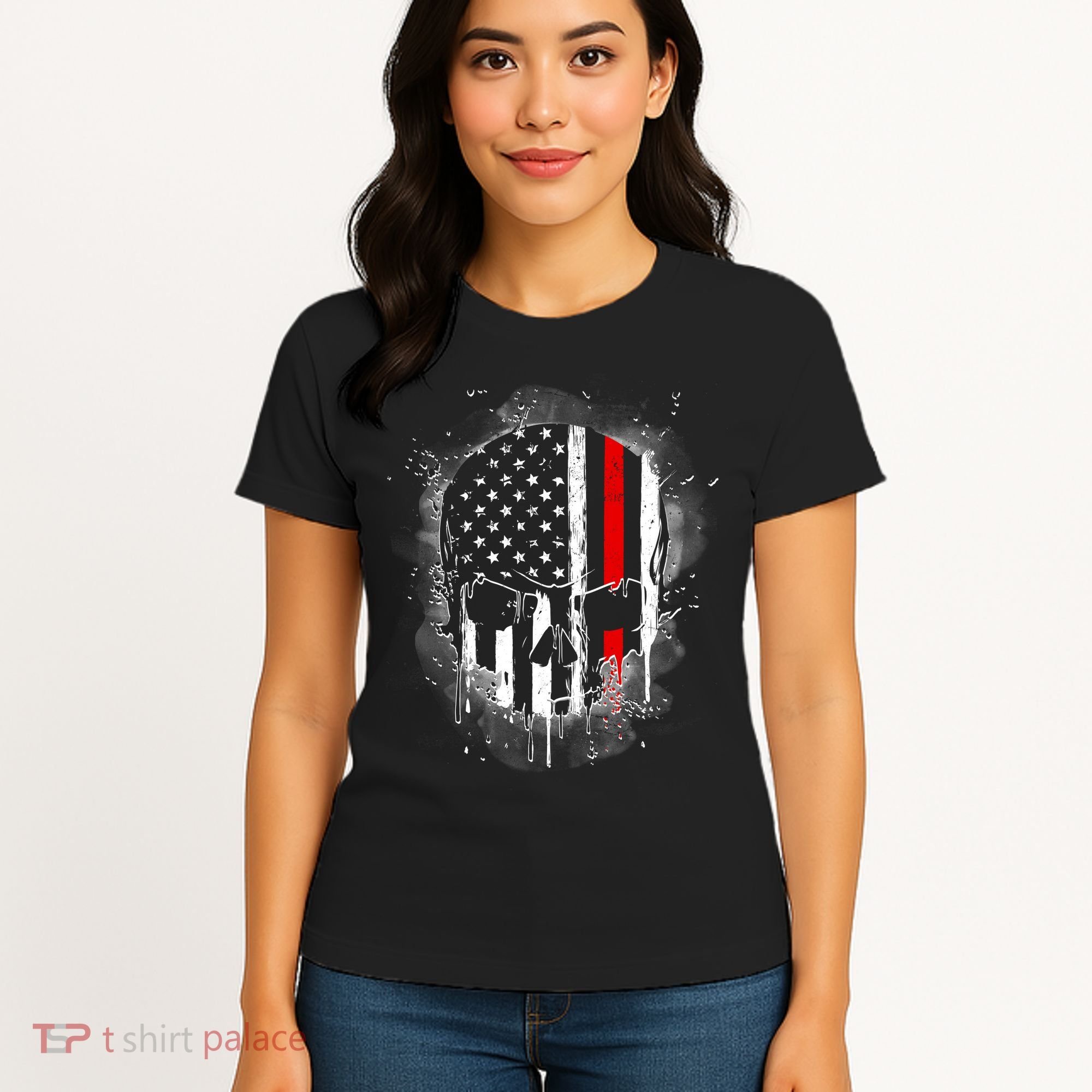 Firemen Red Line Flag Skull Women's T-Shirt