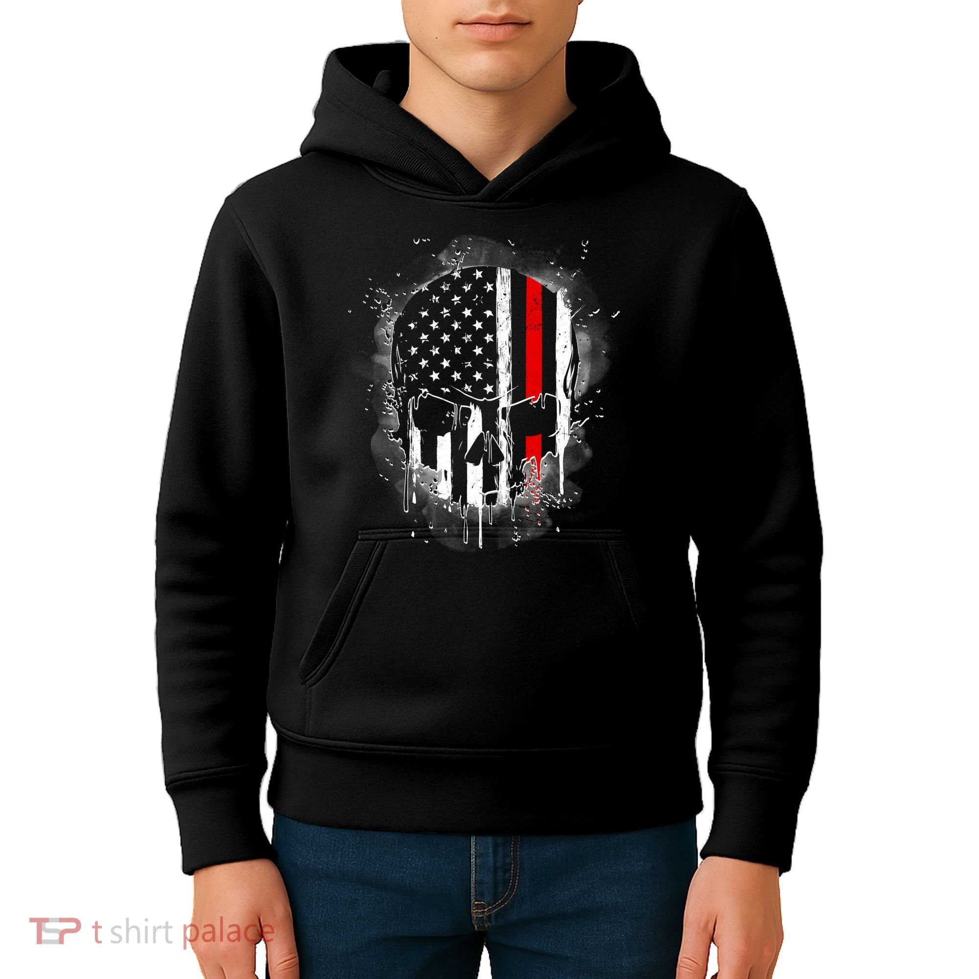 Firemen Red Line Flag Skull Kids Hoodie
