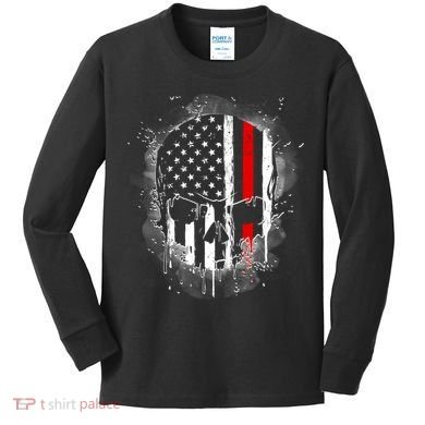 Firemen Red Line Flag Skull Kids Long Sleeve Shirt
