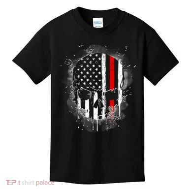 Firemen Red Line Flag Skull Kids T-Shirt