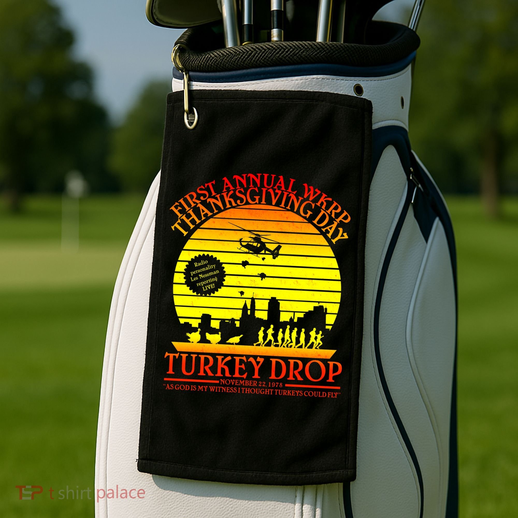 First Annual WKRP Thanksgiving Day Turkey Drop Retro Golf Towel