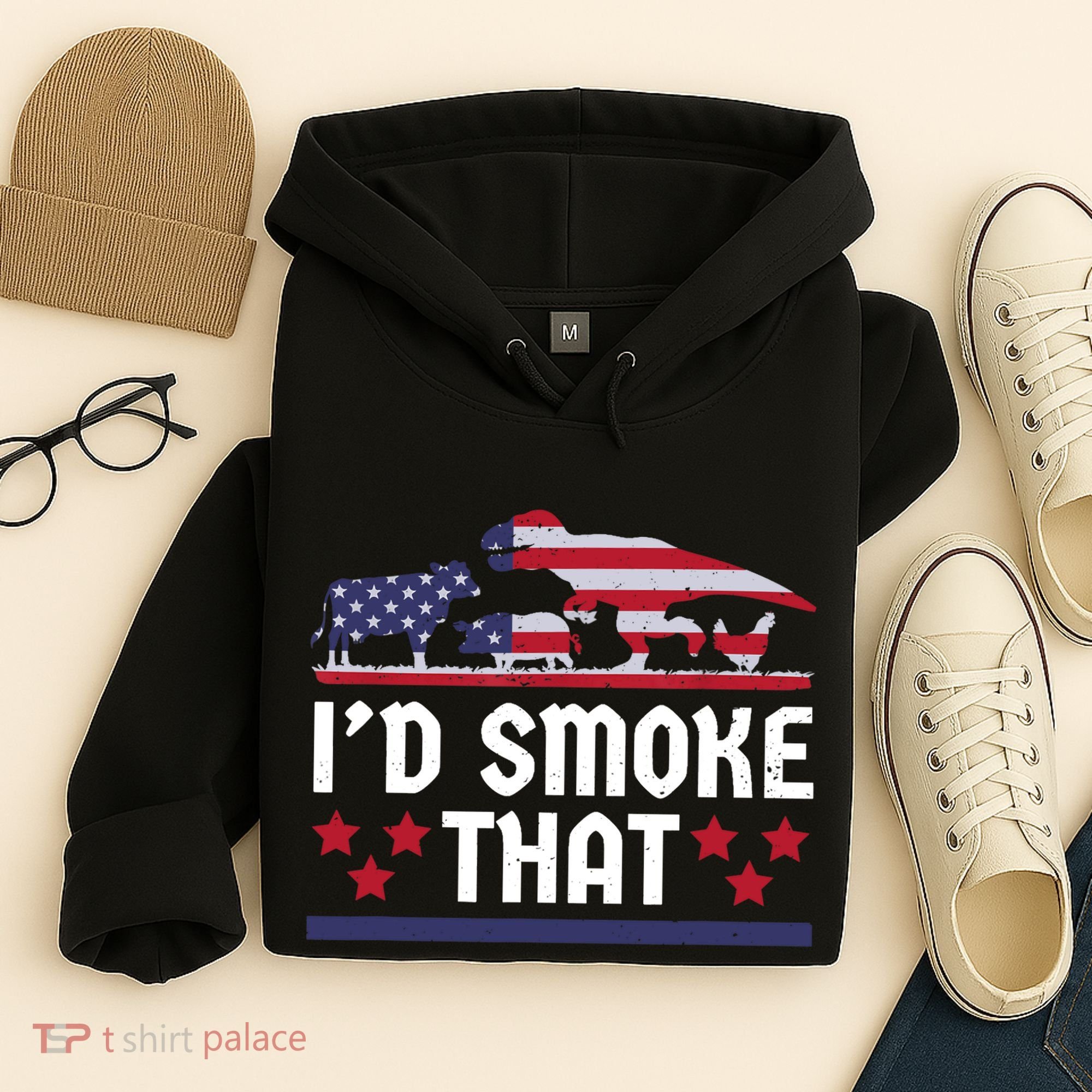 Funny ID Smoke That Bbq Barbeque Patriot Dinosaur Hoodie